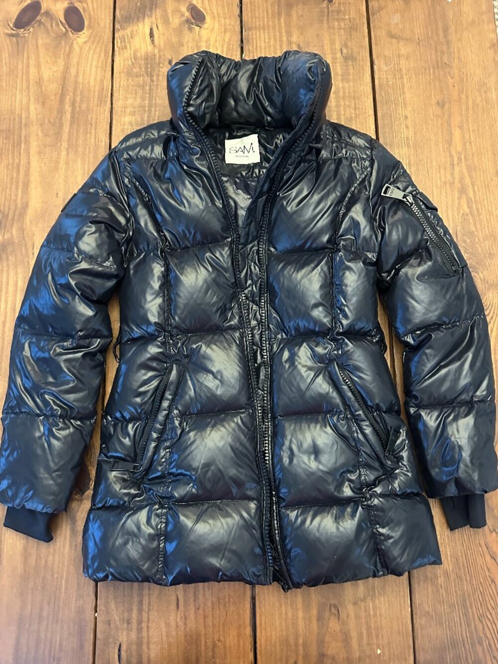 SAM New York Black Soho Mid-Length Goose Down Puffer Coat No Belt Hoodie Women S